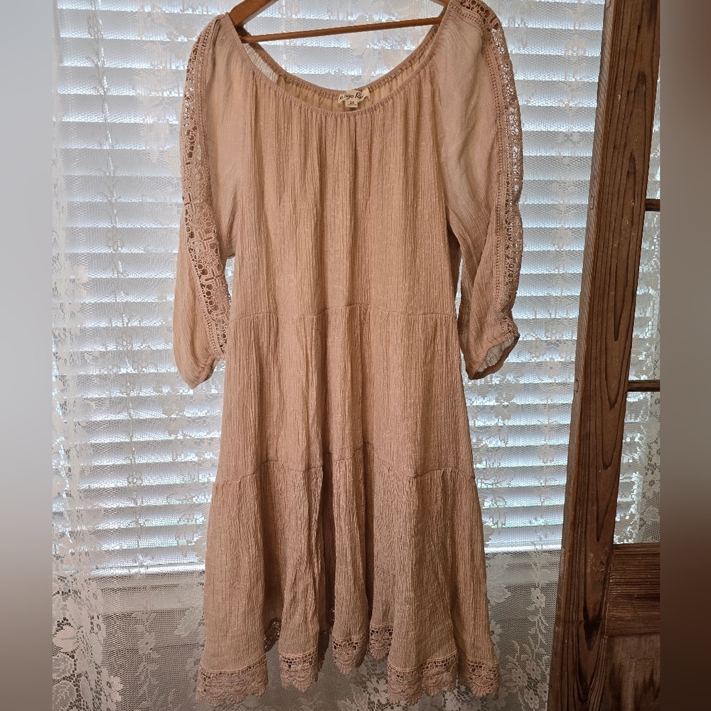 Indigo Rose Dress 2X, Boho Summer Dress, Flowy Tan Summer Dress